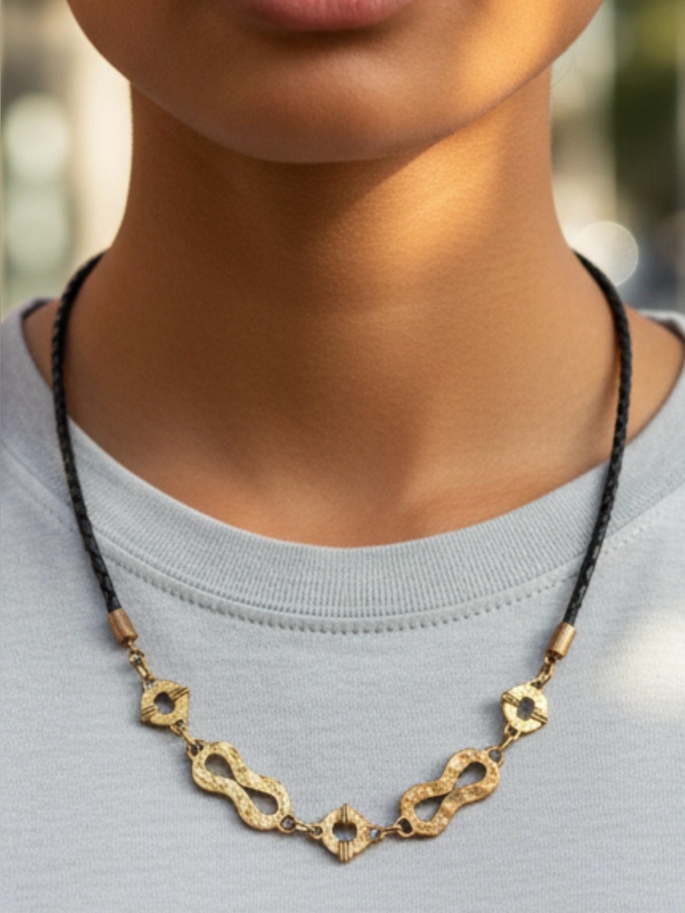 Artisan Hammered Gold Link Pendant Necklace with Black woven Leather Cord